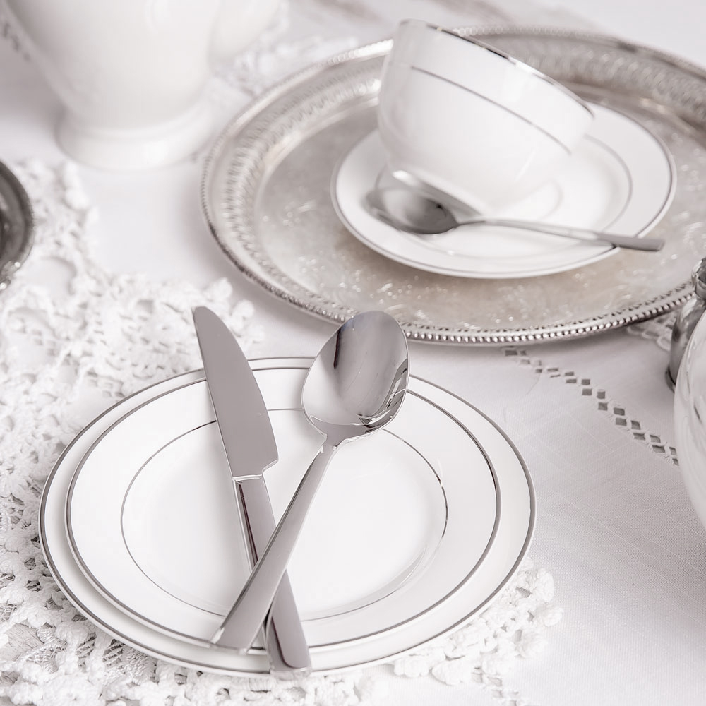 Kombiservice Tafelservice Kaffeeservice Porzellan weiß silber Rand elegant